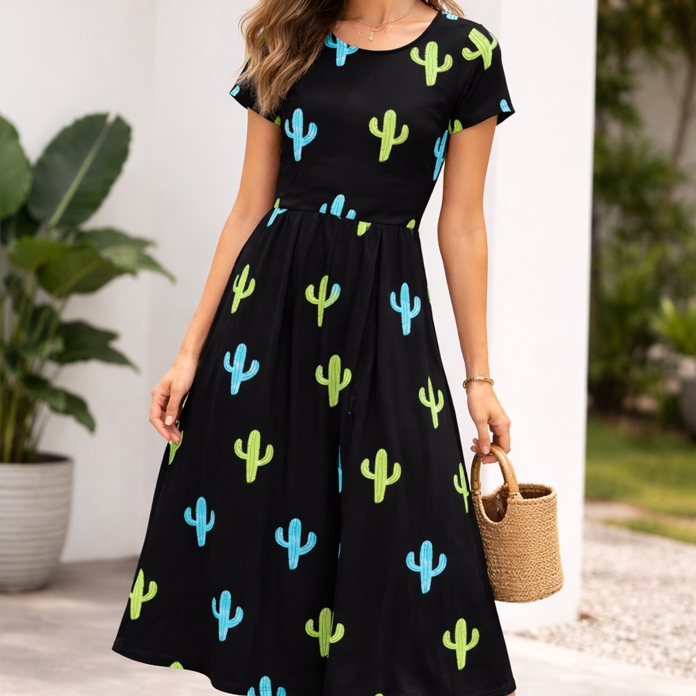 Promesa Cactus Print Midi Dress Size Small Made in USA Black Novelty Print